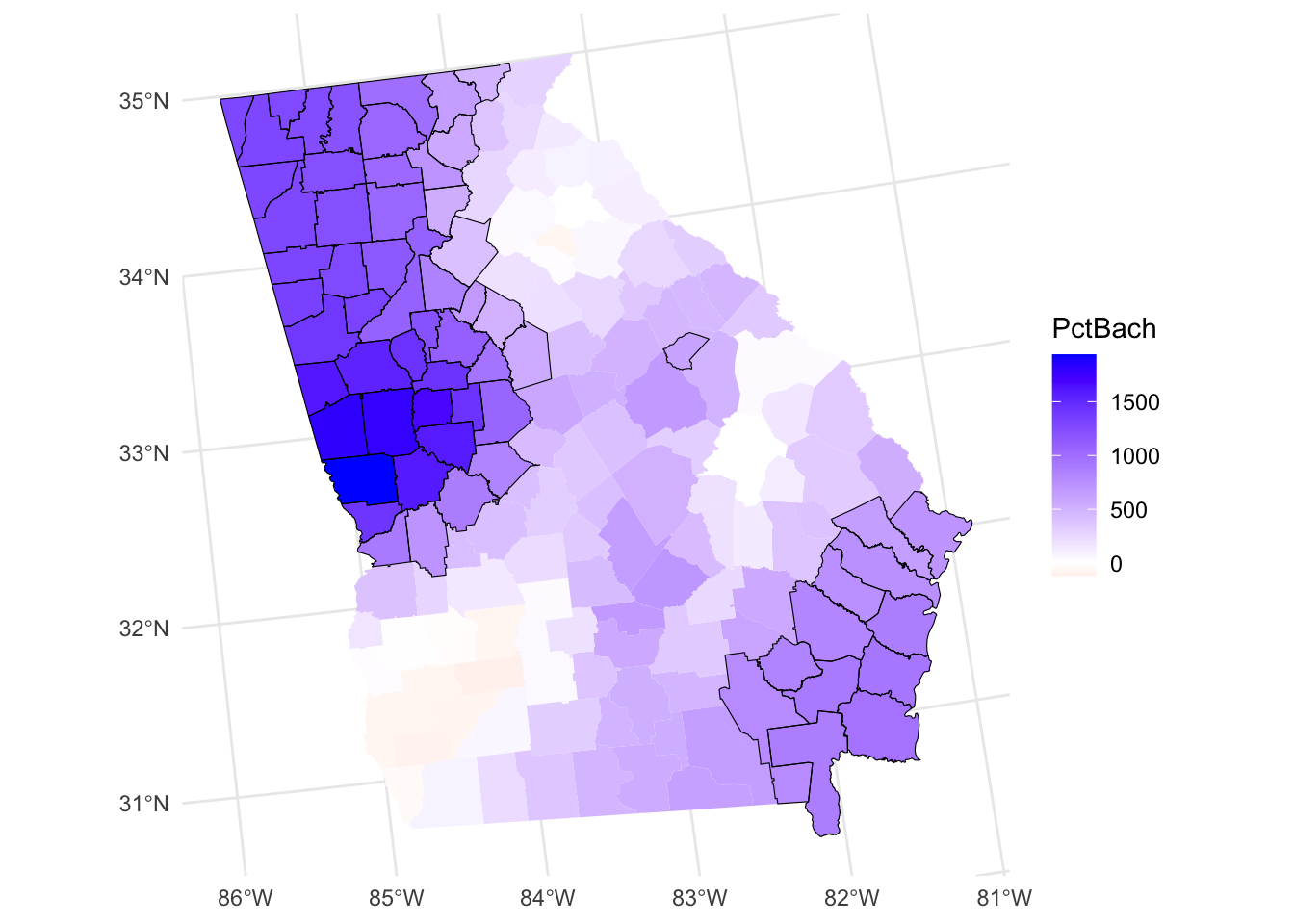 A map of the spatial variation of the PctBach coefficient estimate, with significant areas highlighted.