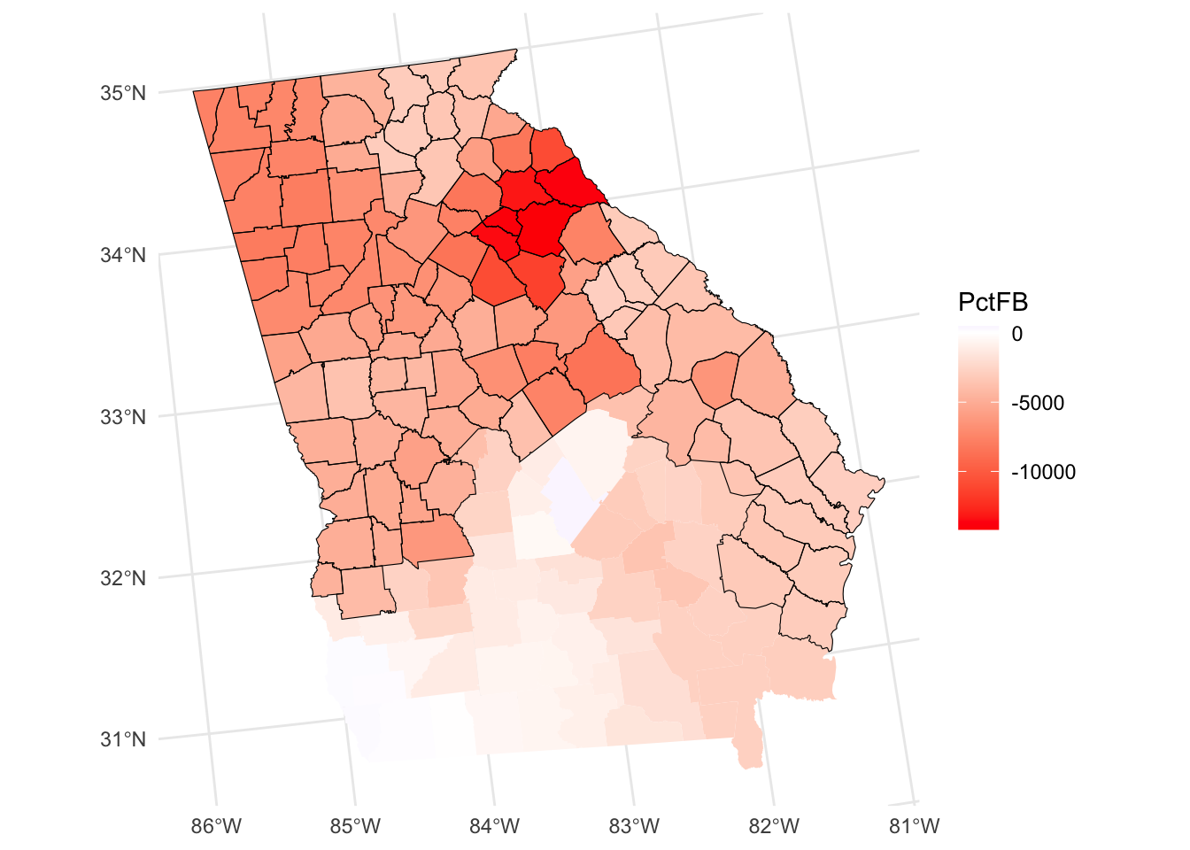 A map of the spatial variation of the PctFB coefficient estimate arising from a MGWR, with significant areas highlighted.