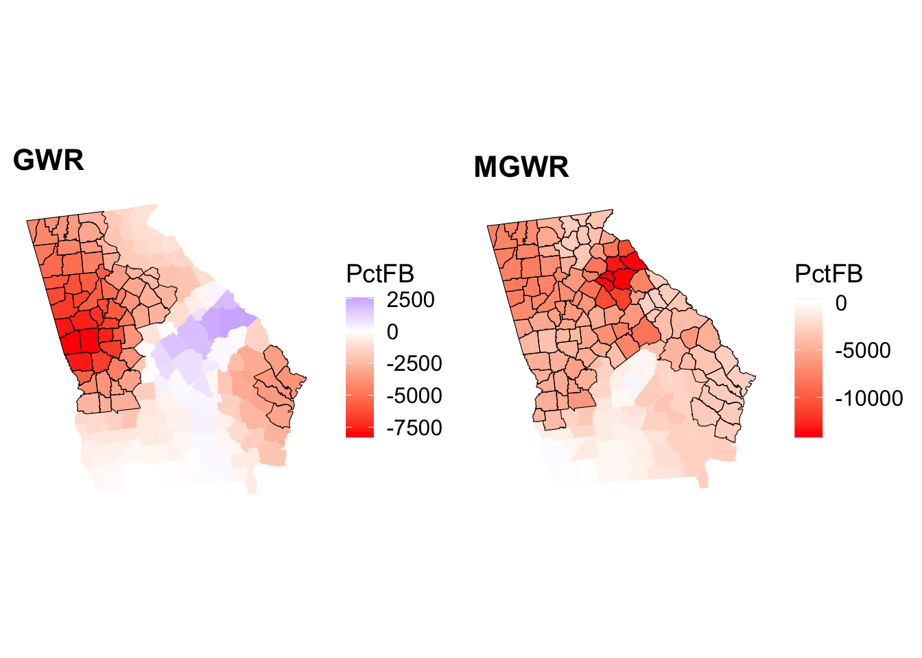 Maps of the signiticant coefficients arising from a GWR and MGWR.