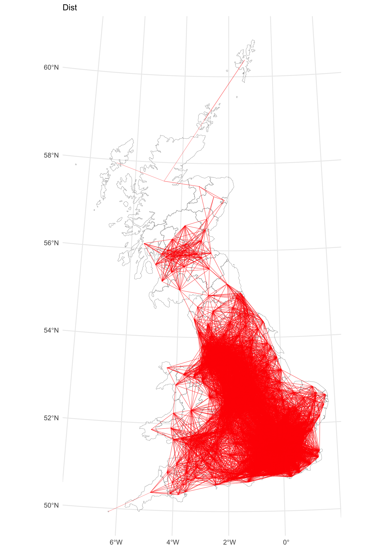 A map of LAD connectivity by distance (100km).