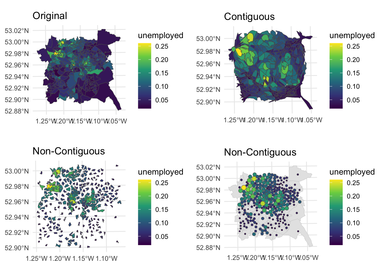 Fig6. Alternative representations of the Unemployment rates in Nottingham using different cartograms.