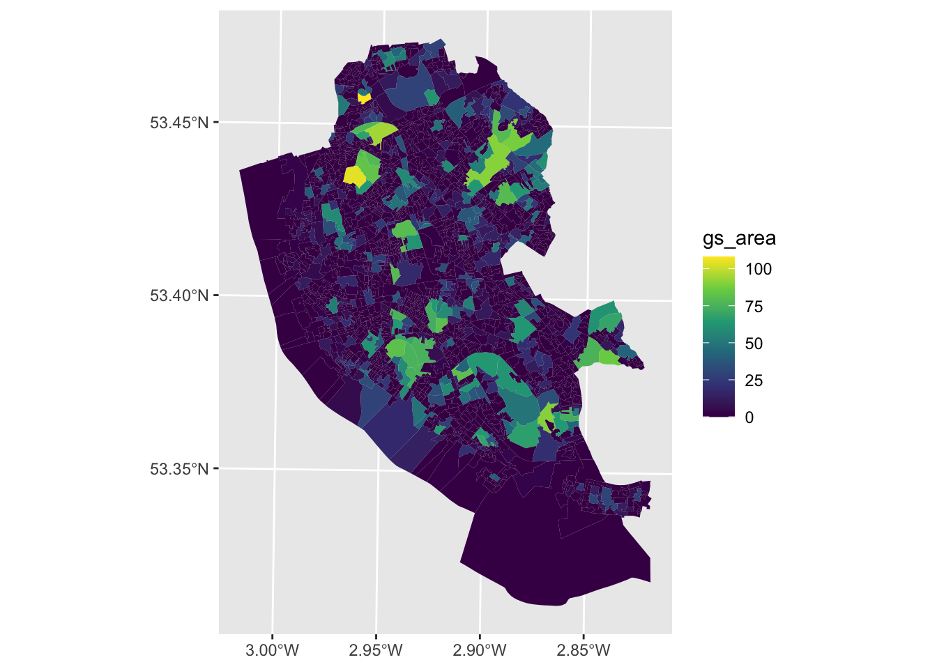 A map of Green Space % in Liverpool Ouput Areas.