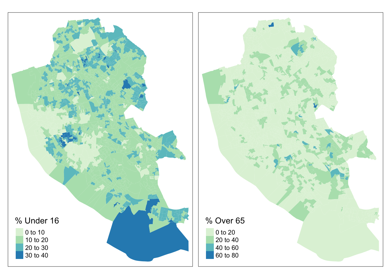 Choropleth maps of `u16` and `o65`.