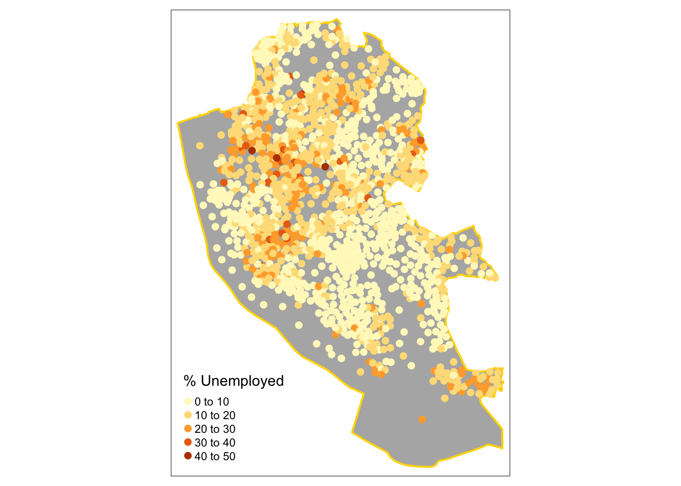 Point data values using choropleth mapping (colour).