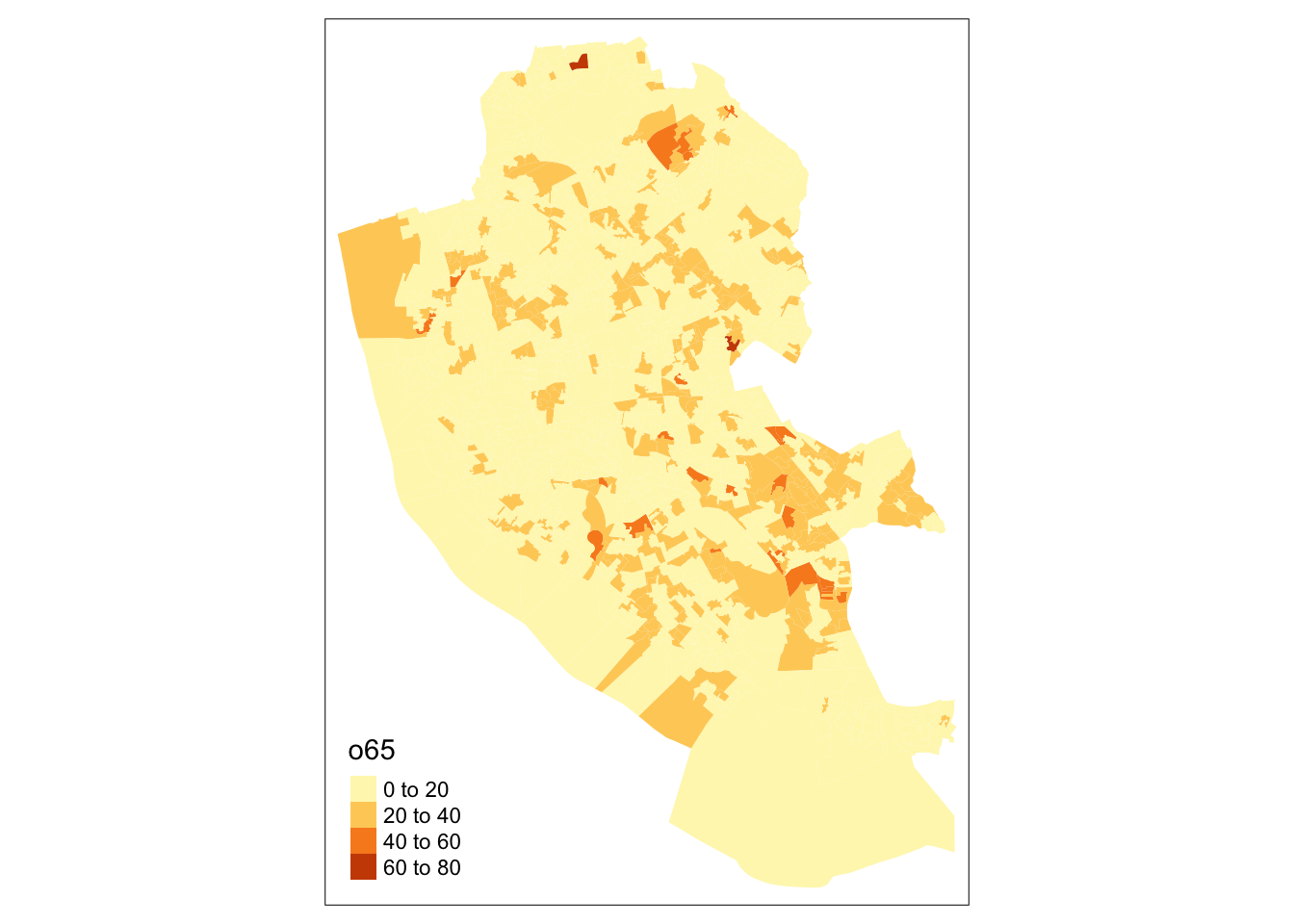 A choropleth map of `o65`.