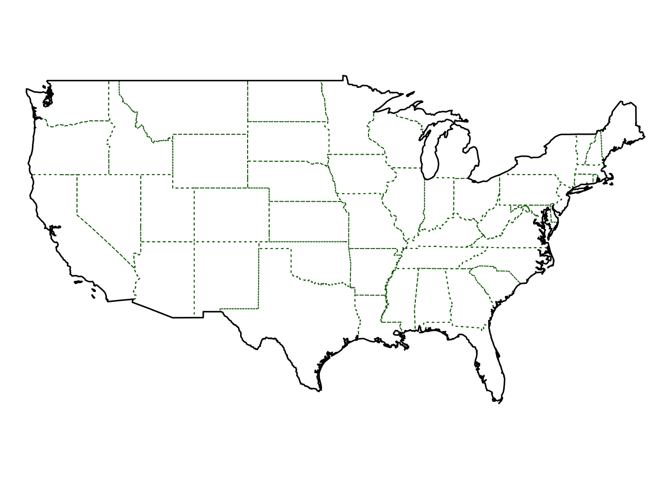 The outline of the merged US states created by gUnaryUnion, with the orginal state outlines in green