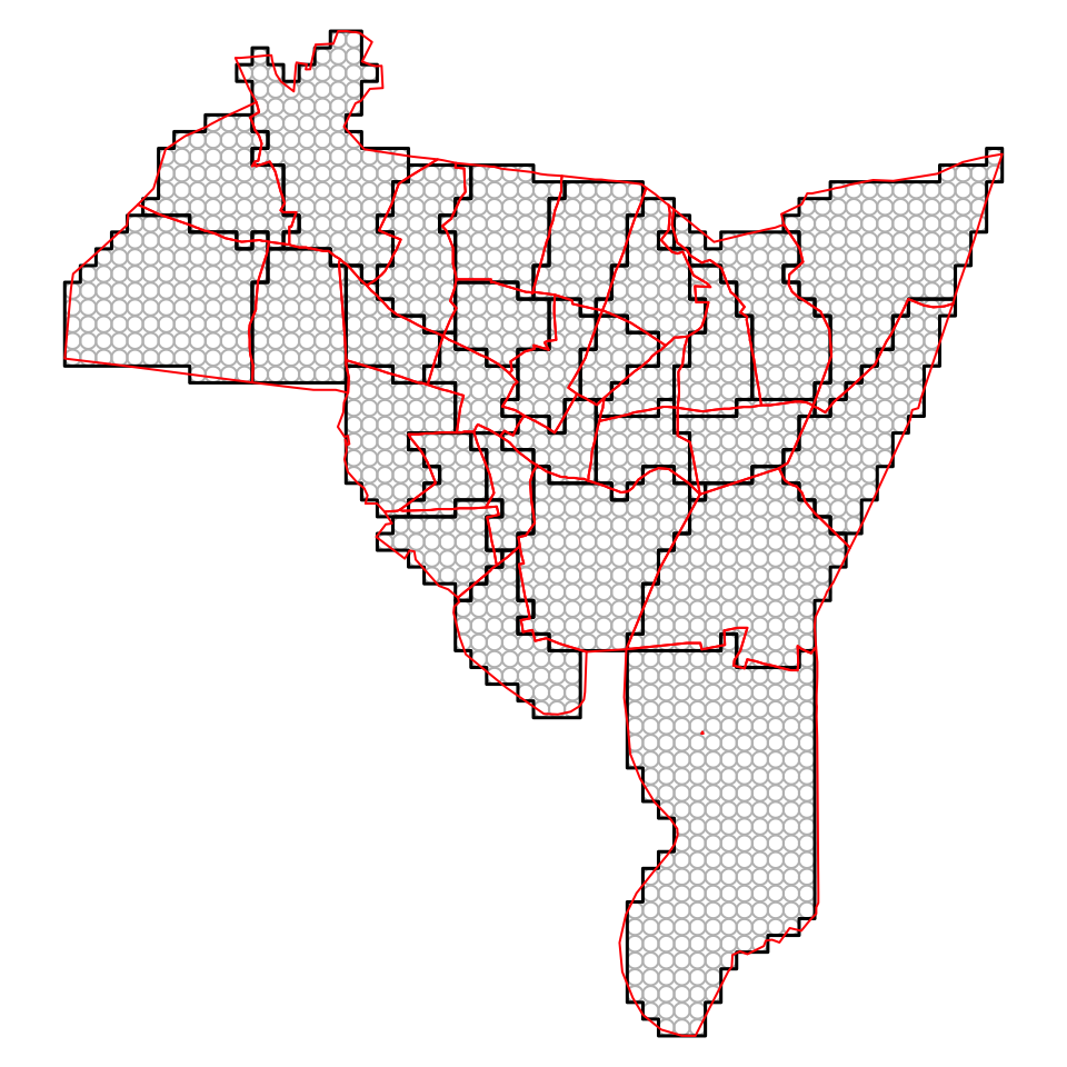 Converting from Rasters to Polygons and Points, with the original polygon data in red