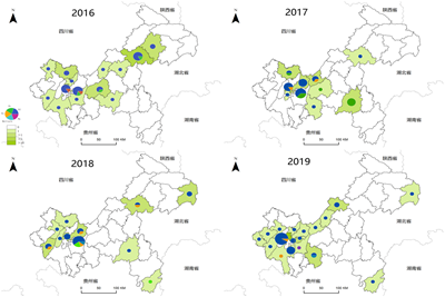 重庆市2016-2019年报告疟疾病例地区分布