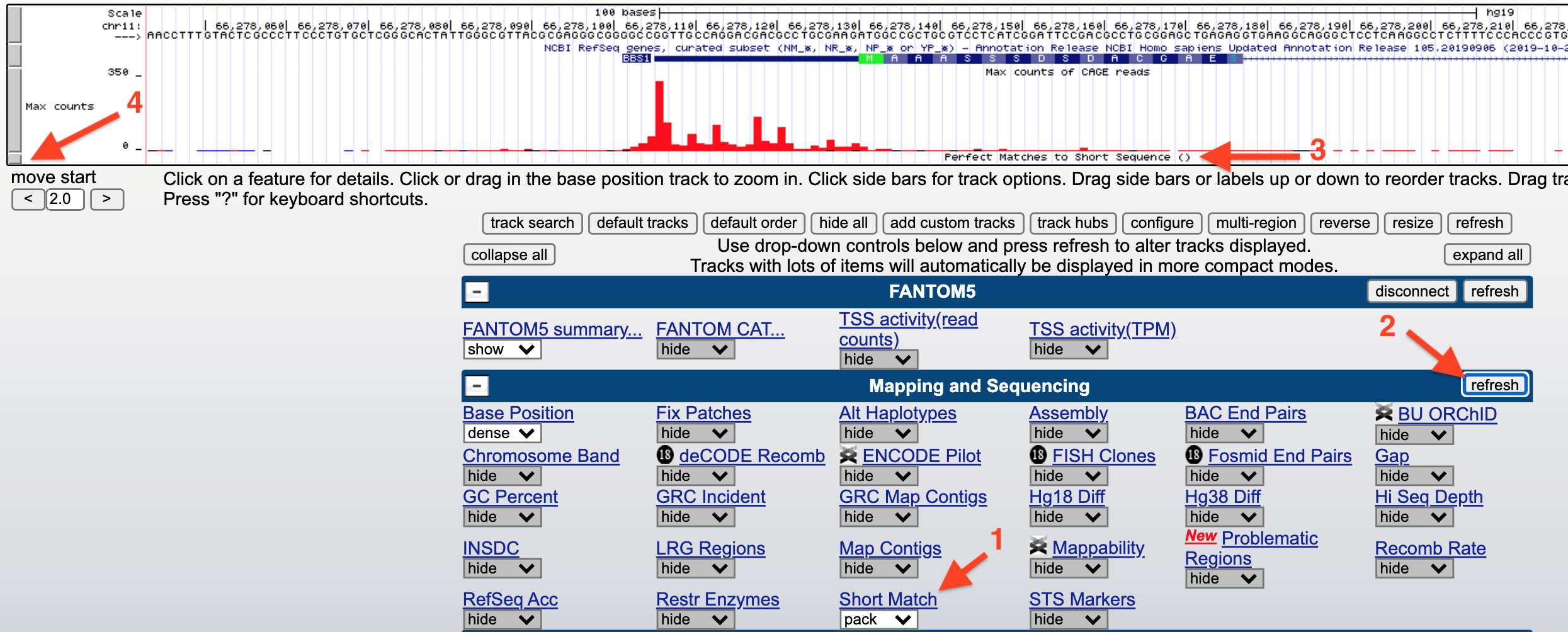 How to search for a consensus sequence: 1) change the **Short Match** evidence track from **hide** to **pack**. 2) Click **Refresh**. 3) A new evidence track will open. 4) Click on the gray rectangle to open the track settings page. Now see figure below.