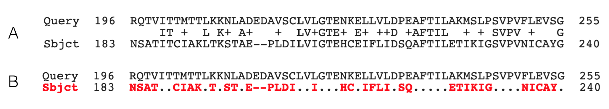 A single row (small portion) of a pairwise alignment displayed in two different formats. The default format is shown on top. See text for details.