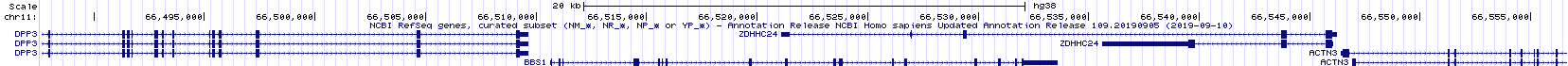 BBS1 and its neighboring genes. BBS1 is flanked by DPP3 on the left and ZDHHC24 on the right. DPP3 is upstream. ZDHHC24 is downstream. Click on the image to enlarge. Click again to resume reading.