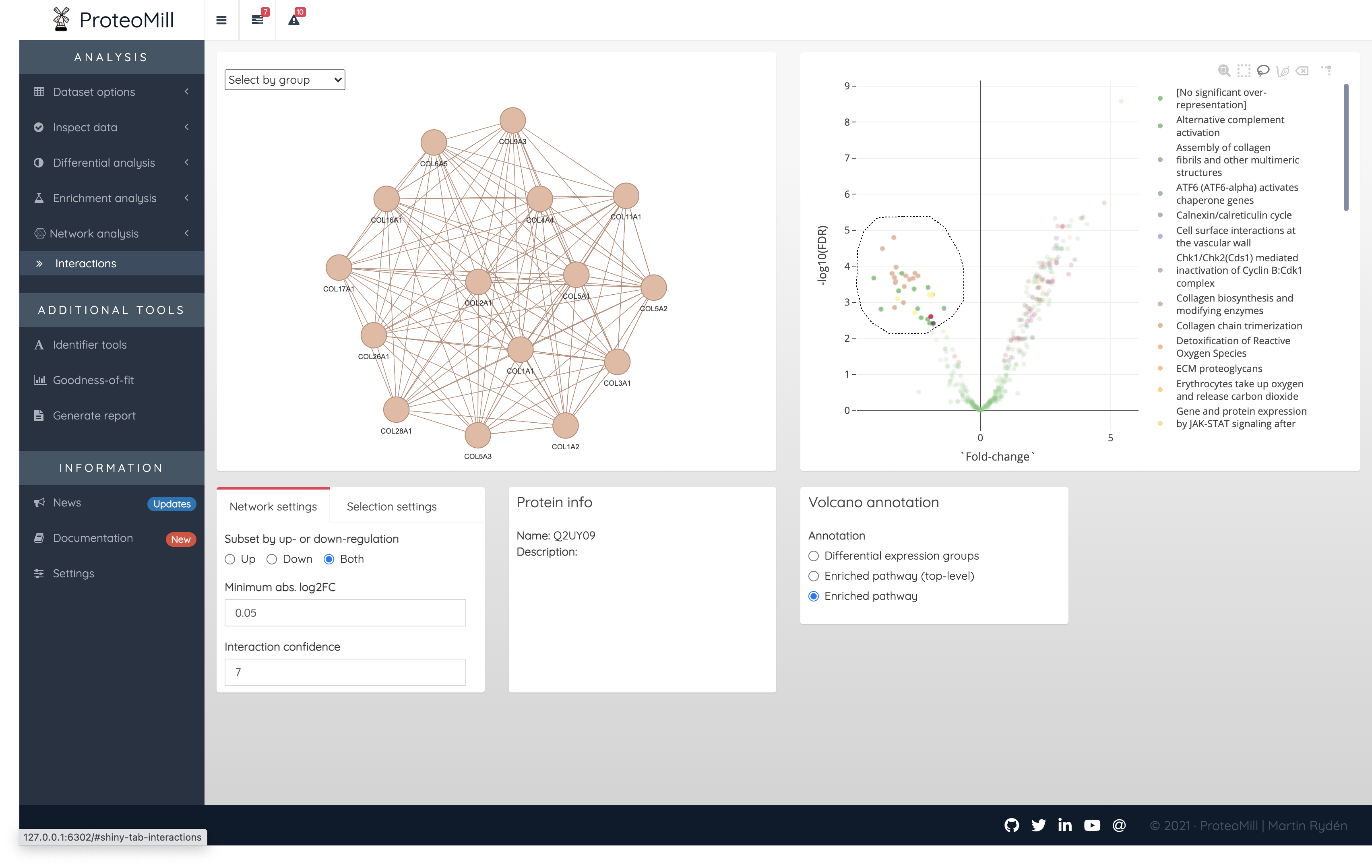 Network analysis. Using Selection mode 'Strict', the only interactions within the selection formed a collagen cluster subnetwork.