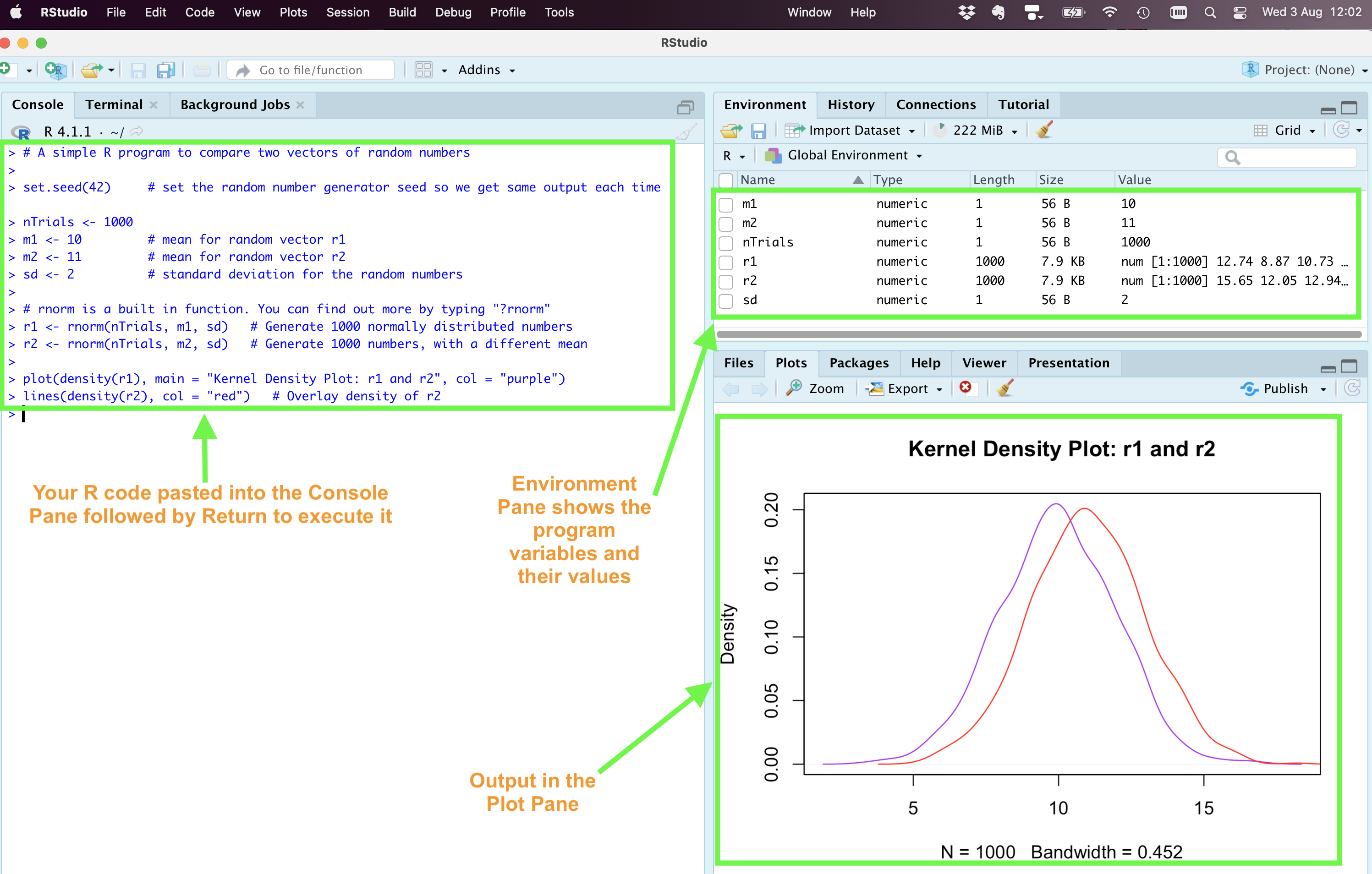 Running a program in RStudio to compare two vectors (r1 and r2) of random numbers