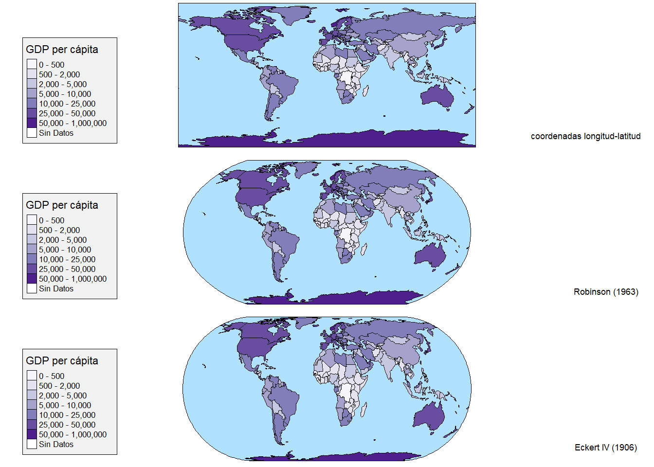 GDP per cápita. Distintas proyecciones. Con pequeñas modificaciones al español. Fuente: https://github.com/mtennekes/tmap/tree/master/demo/WorldFacets