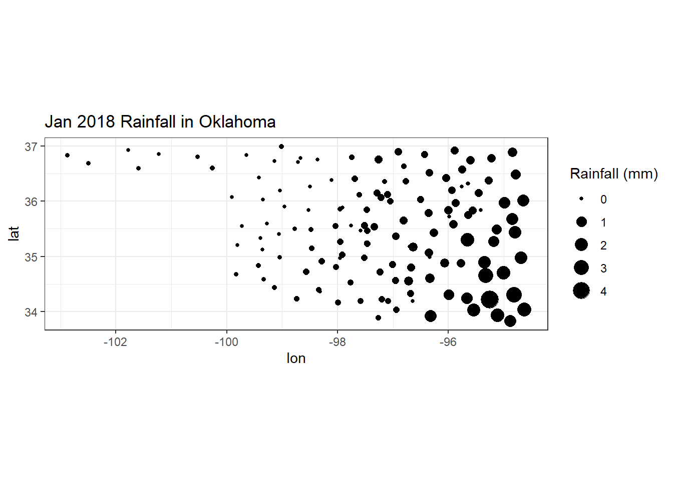 Graduated symbol map of January 2018 rainfall in Oklahoma.