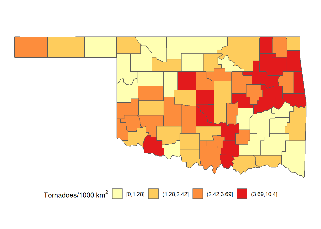 Densities of tornadoes in Oklahoma counties from 2016-2021 mapped as a choropleth with four categories.