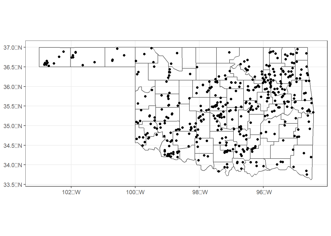 Initiation points of tornadoes in Oklahoma from 2016-2021.