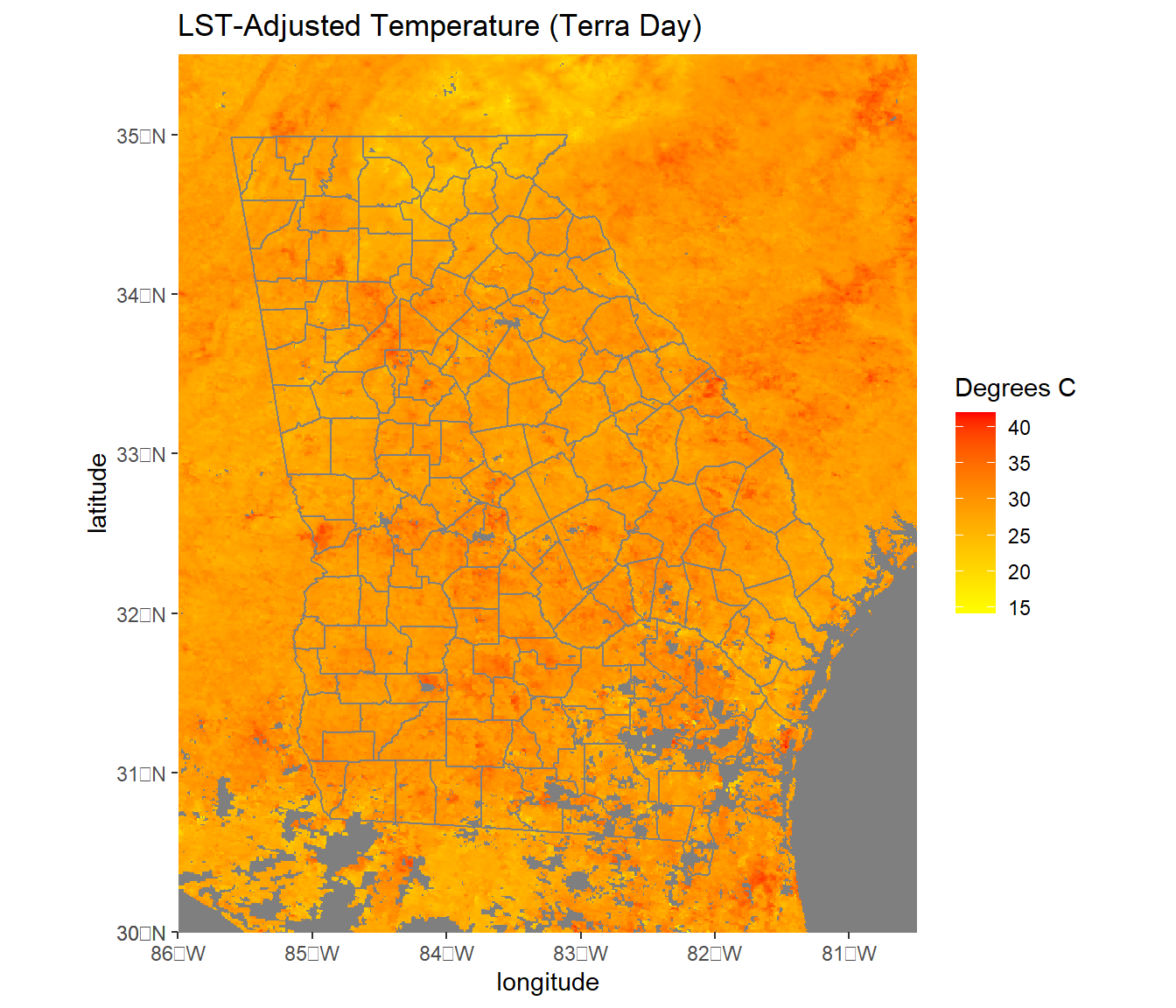 MODIS Land surface temperature cropped to the state of Georgia with county boundary overlaid.