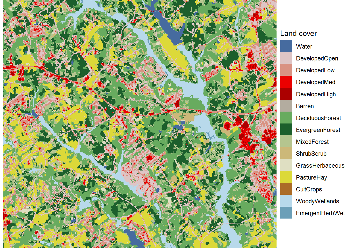 Zoomed in land cover map with unique colors and labels for every land cover class.