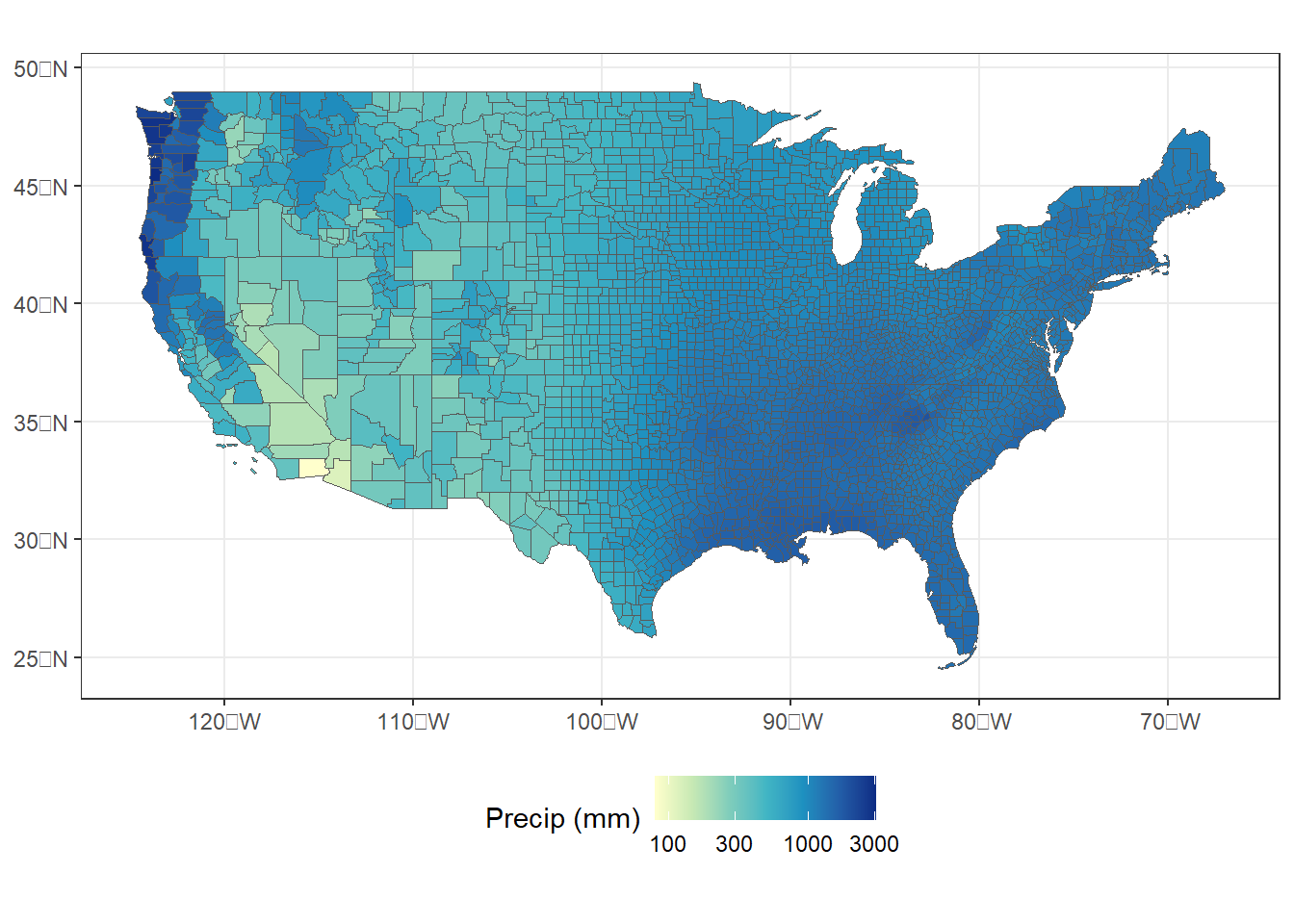 County-level zonal summaries of precipitation data from the PRISM dataset with a logarithmic transformation.