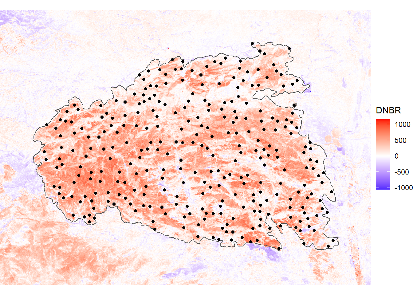 Sample points and fire boundary overlaid on the DNBR index for the High Park fire.