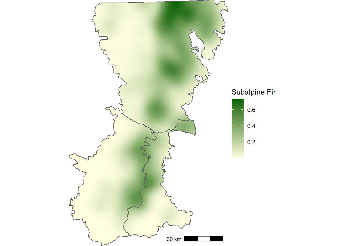 Smoothed proportion of forest inventory plots with subalpine fir in the Washington Cascades.