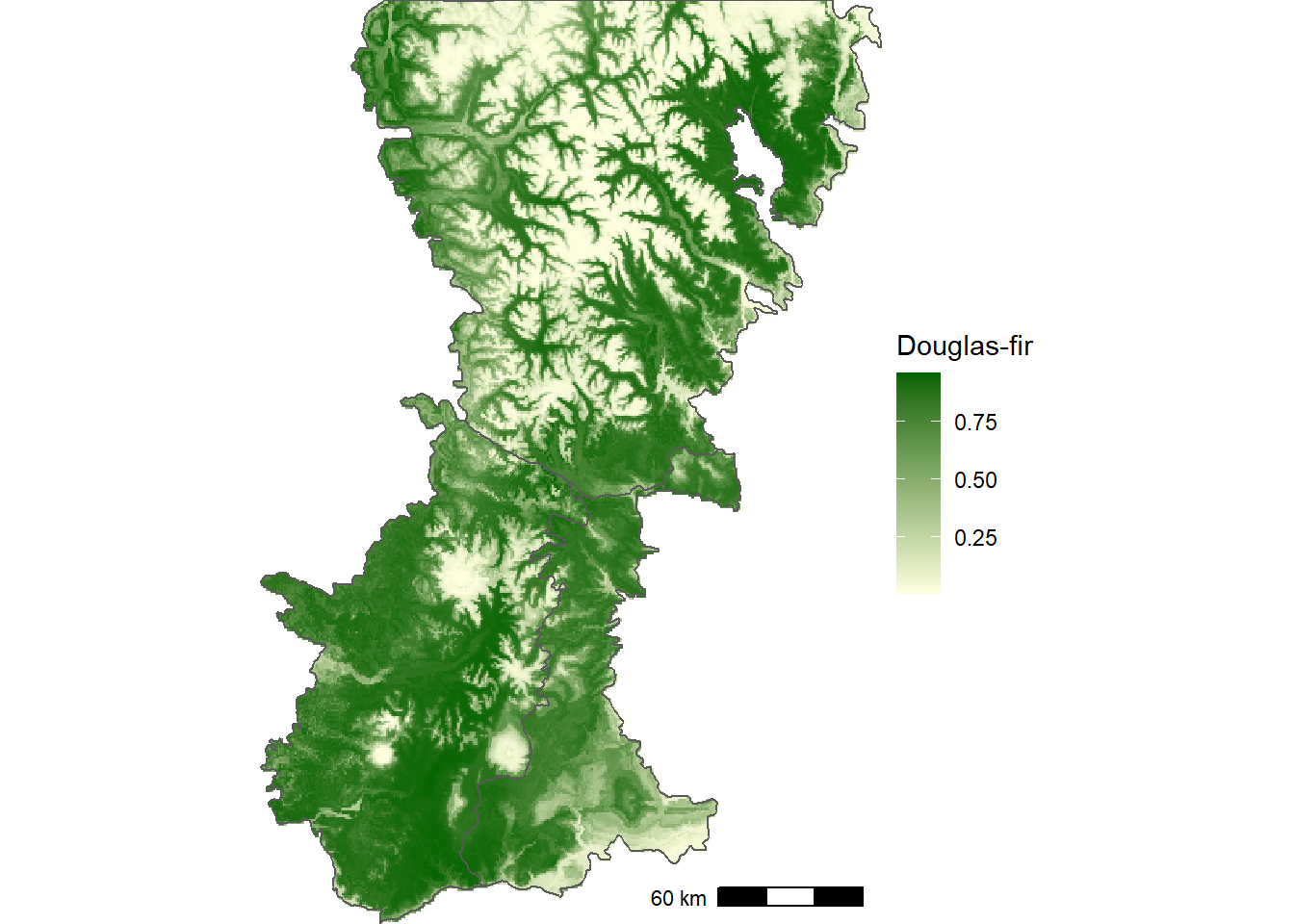 Predicted probability of Douglas-fir occurrence based on historical WorldClim bioclimatic indices.