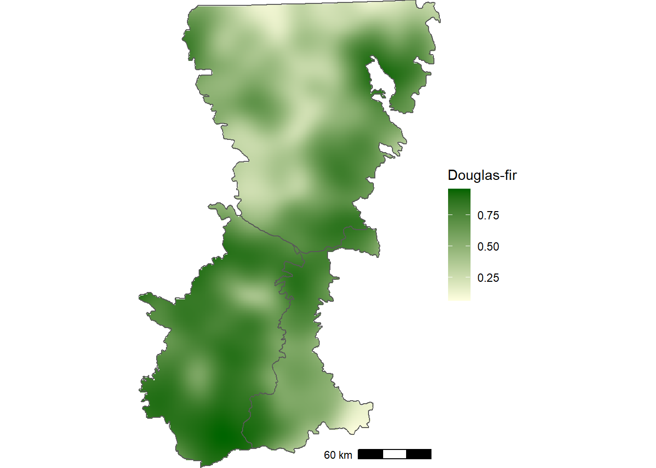 Smoothed proportion of forest inventory plots with Douglas-fir in the Washington Cascades.