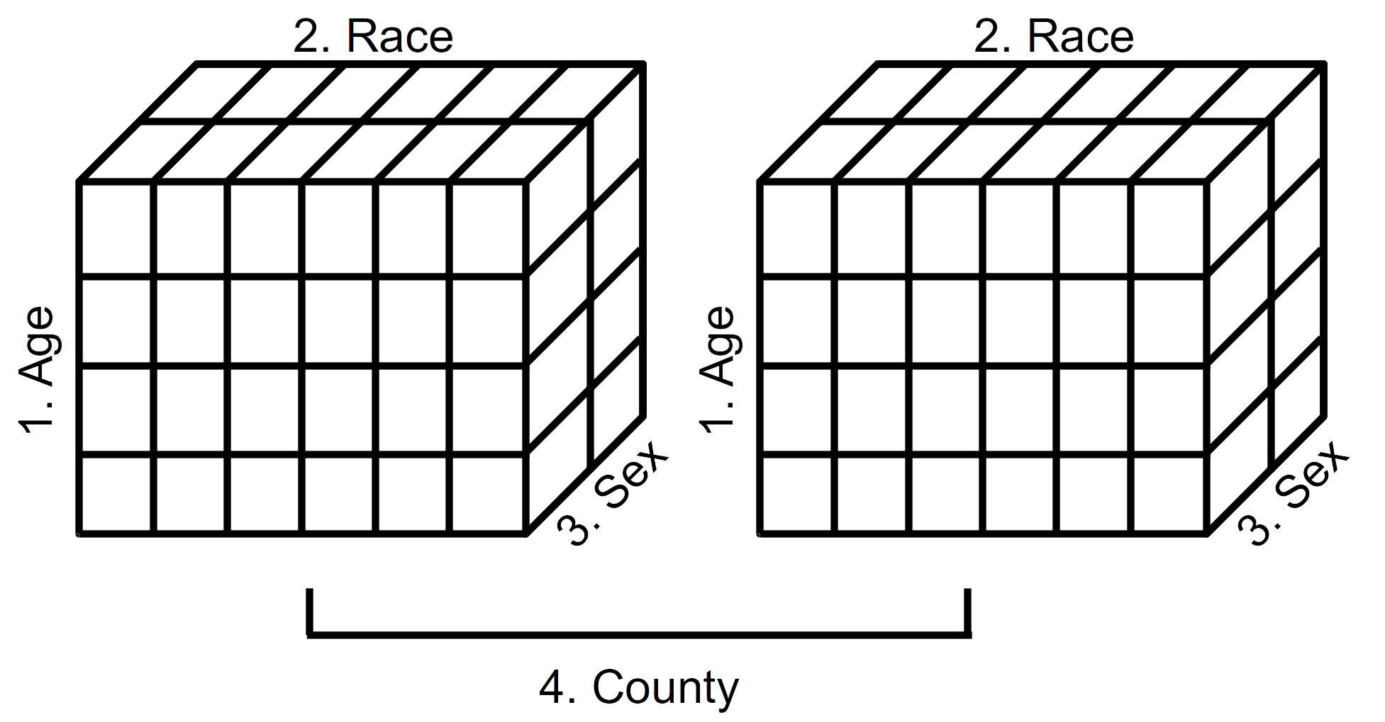 Schematic representation of a 4-dimensional array (Year 2000 population estimates by age, race, sex, and county)