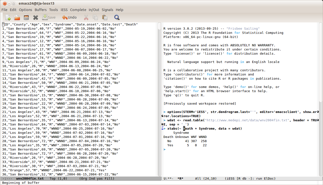 Left frame: Editing West Nile virus human surveillance data in GNU Emacs text editor.  Right frame: Running R using Emacs Speaks Statistics (ESS).  Data source: California Department of Health Services, 2004