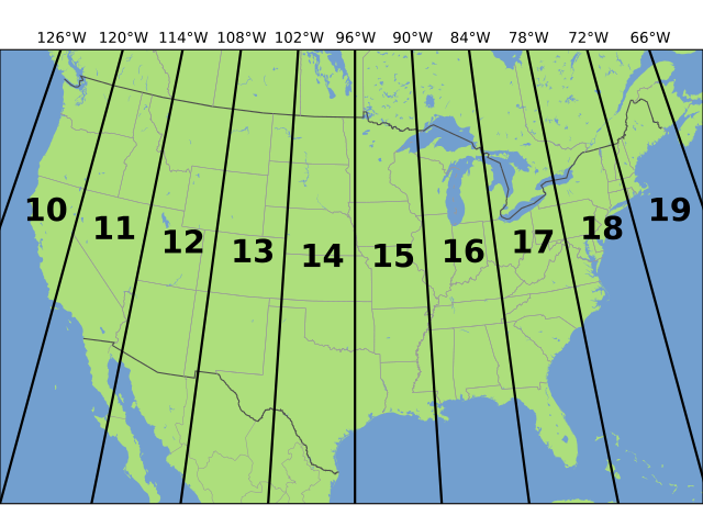 UTM Zones across Northern Mexico, the United States and sourthern Canada[Source](https://upload.wikimedia.org/wikipedia/commons/8/8d/Utm-zones-USA.svg)