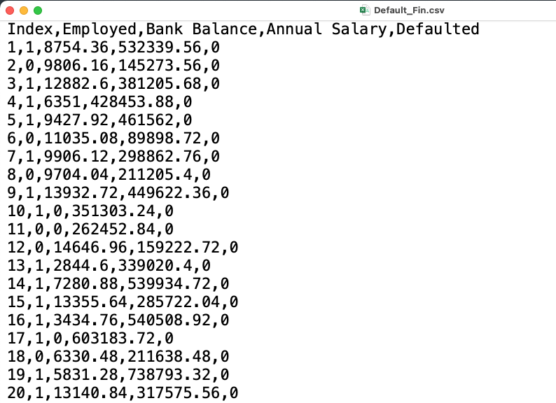 Preview of the csv file