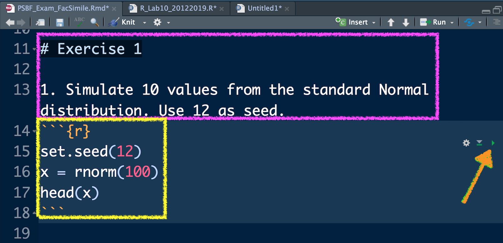 Text of an exercise in RMarkdown and code chunk