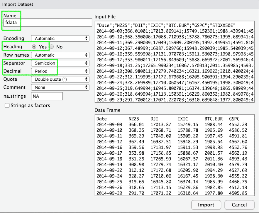 Finestra per la definizione delle caratteristiche del file csv