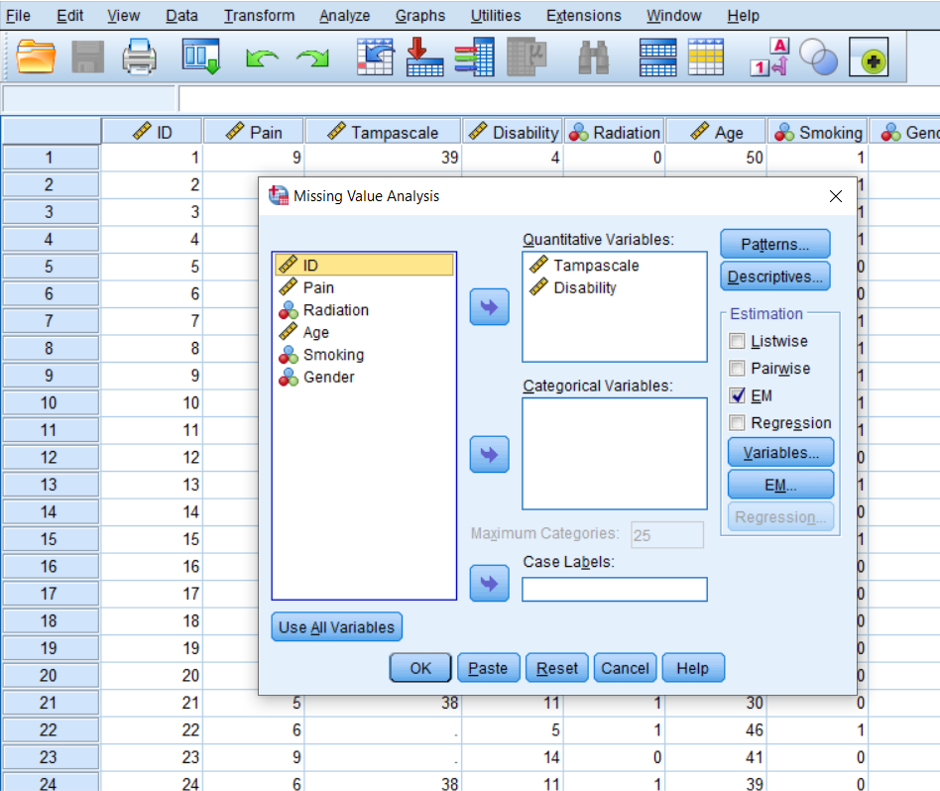 EM selection in the Missing Value Analysis menu.