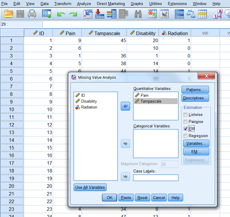 EM Selection in the Missing Value Analysis window.