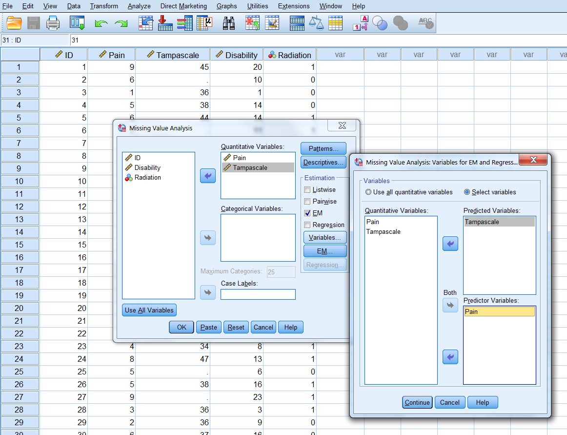 Transfer of the Tampascale and Pain variables to the Predicted and Predictor Variables windows.