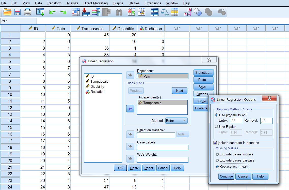 The option Replace with mean in the Linear Regression menu.