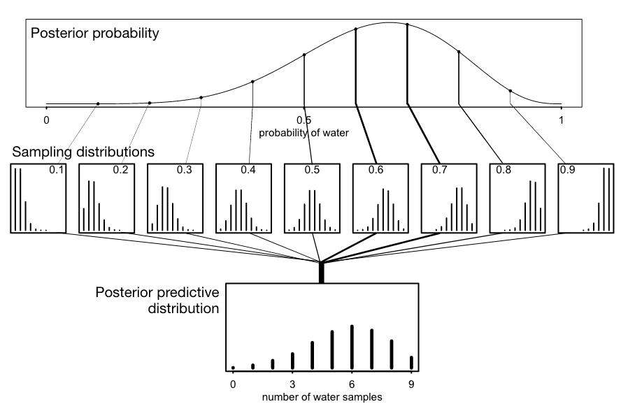 Top panel shows the posterior probability, middle panel the sampling distribution and the bottom panel the posterior predictive distribution