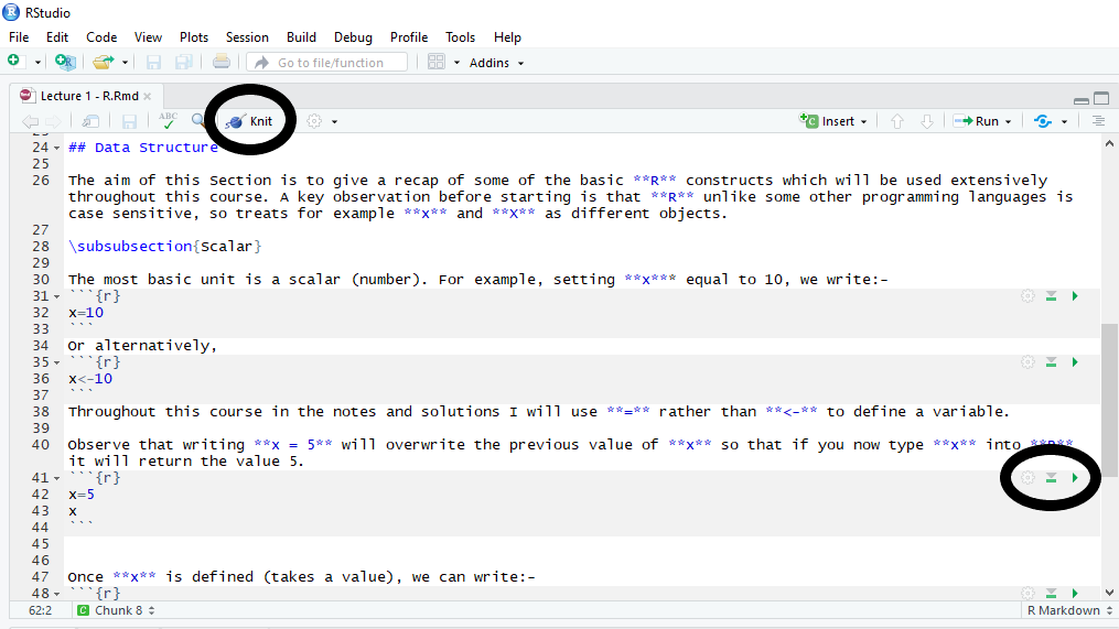 R markdown image highlighting Knit button and R segment run options.