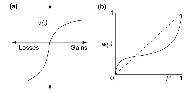 a) value weighting function and b) probability weighting function, both from Prospect Theory. v(.) refers to subjective utility, and w(.) refers to subjective probability.