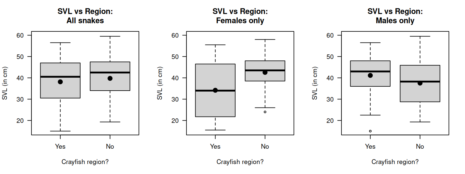 The snount--vent length (SVL) for Mexican garter snakes, living in crayfish or non-crayfish regions. The solid dots represent the means.