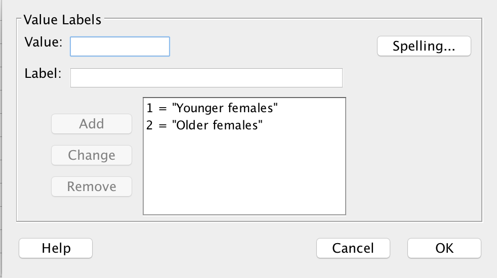 Defining the levels (Values) for the age group, in the Variable View