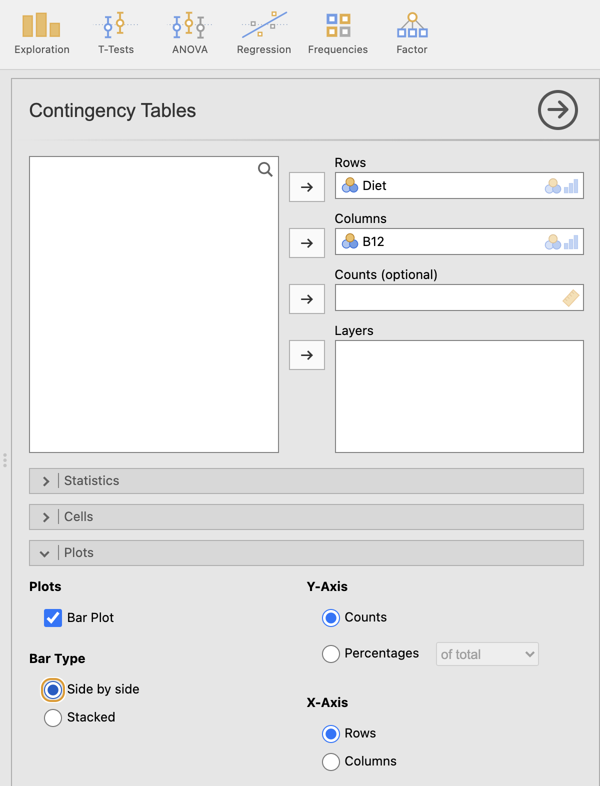 Adding the variables to create a side-by-side bar chart in jamovi