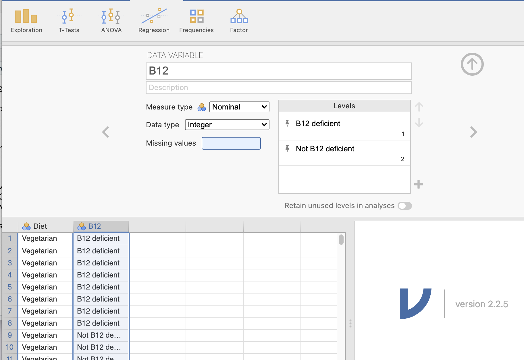 The B12 data entered into jamovi