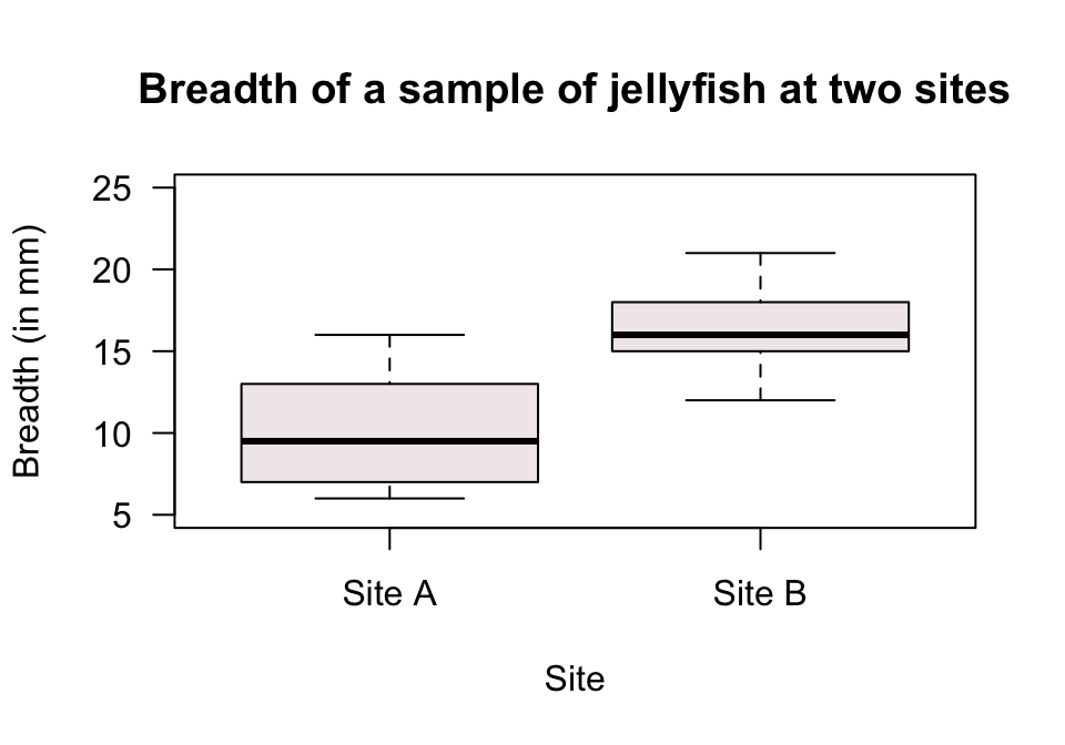 A boxplot of the breadth of jellyfish at two sites