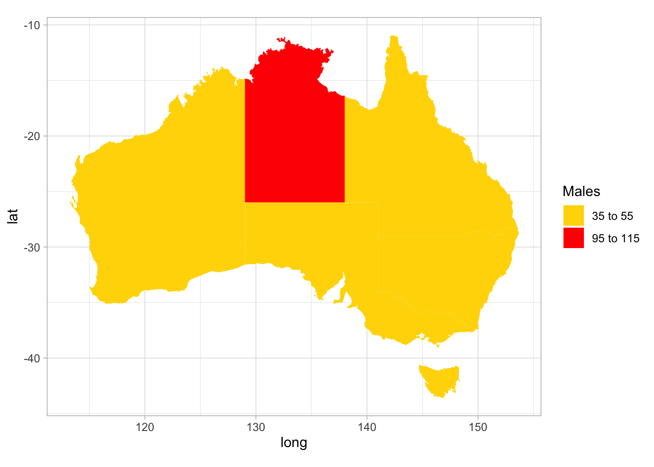 Age-adjusted incidence of lower limb amputations in Australia, from August 2007 to December 2011: males. Numbers are incidents per 100 000.