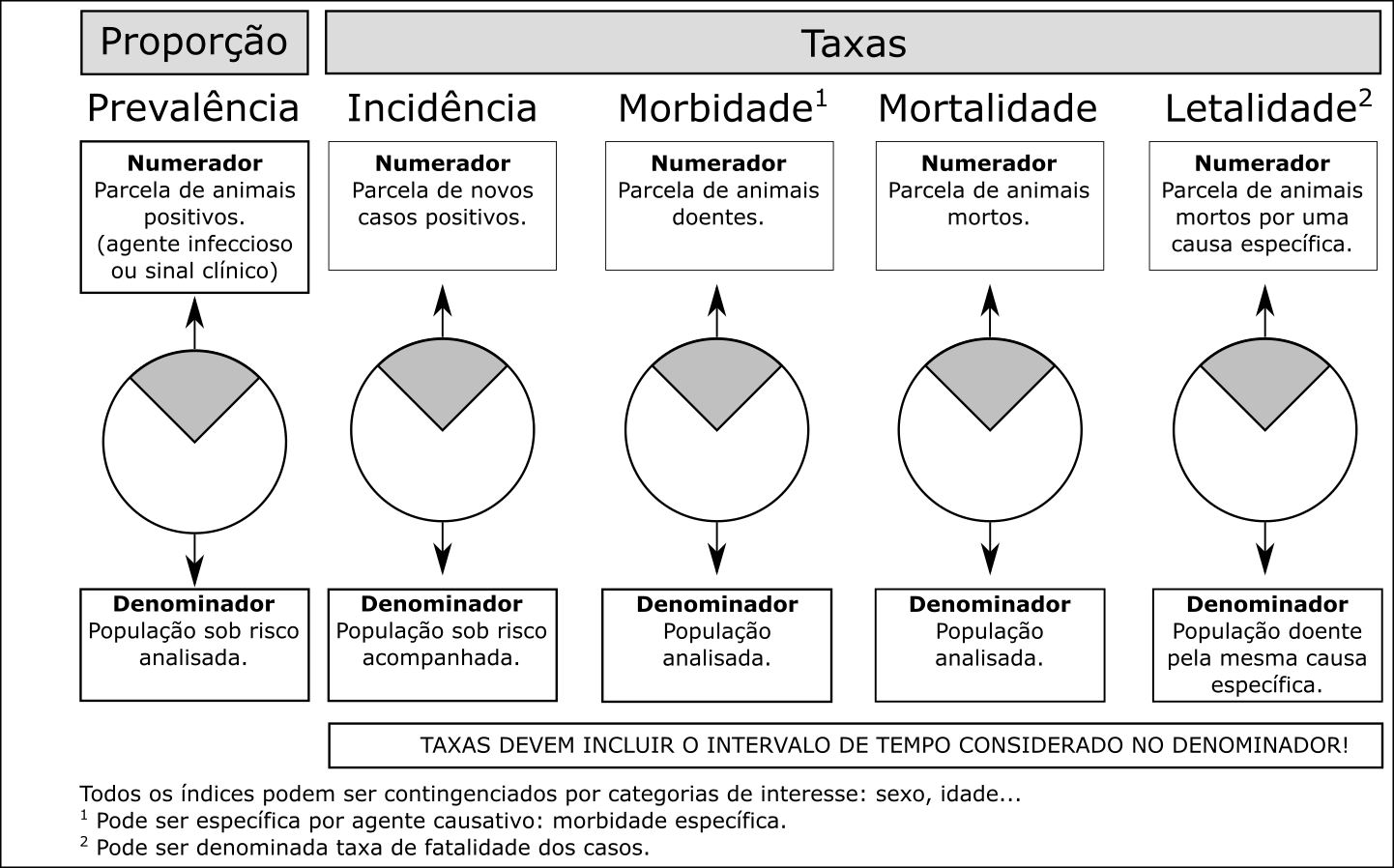 Demonstração visual dos componentes de razões epidemiológicas na forma de proporção (prevalência) ou de taxas (Incidência, Morbidade, Mortalidade, Letalidade).