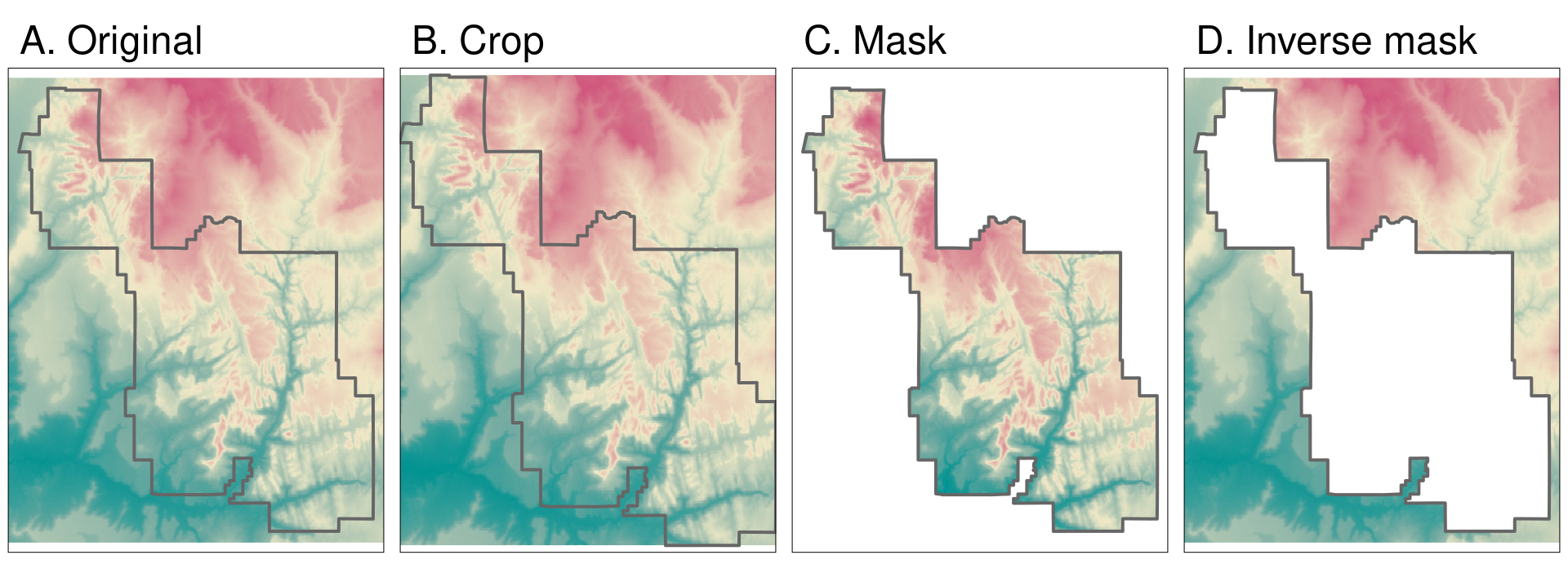 Illustration of raster cropping and raster masking.