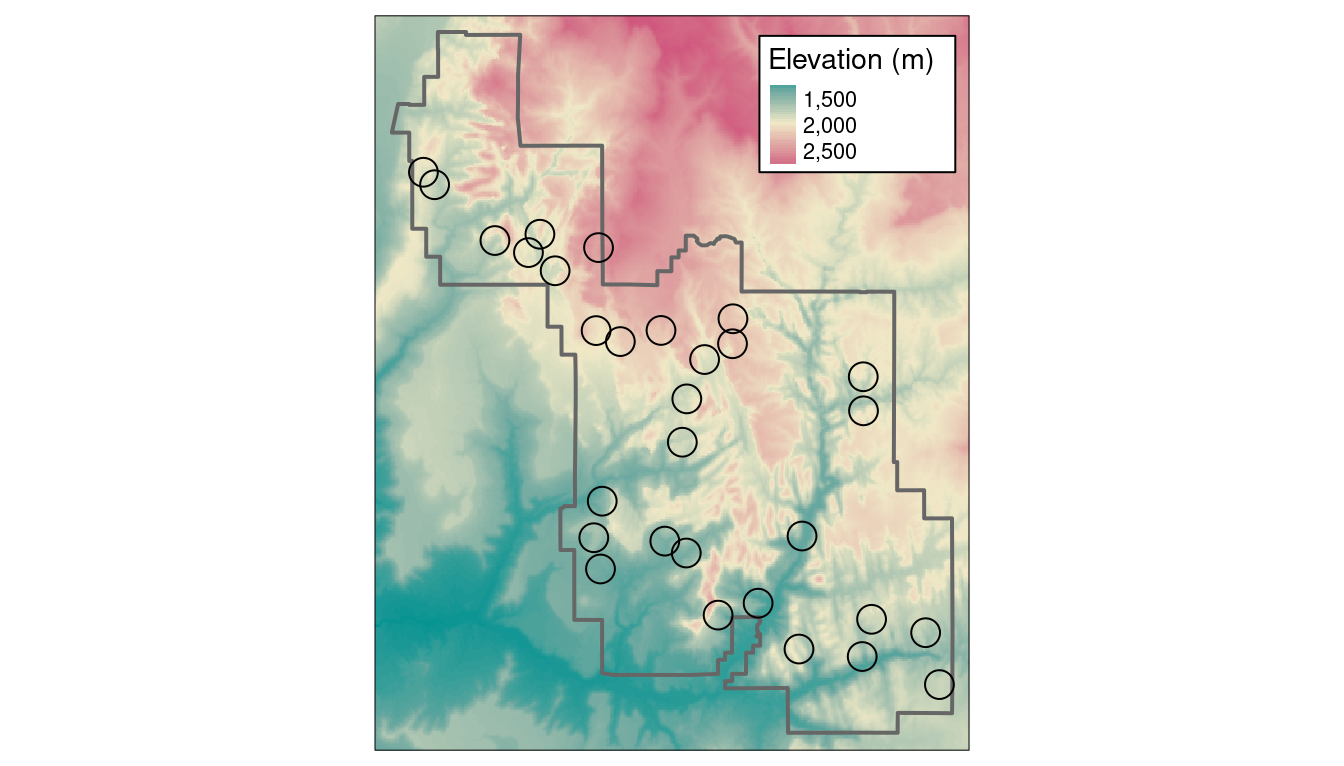 Locations of points used for raster extraction.